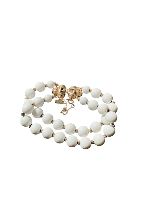 Vintage 1970s Monet Double Strand White Bead Gold Tone Bracelet