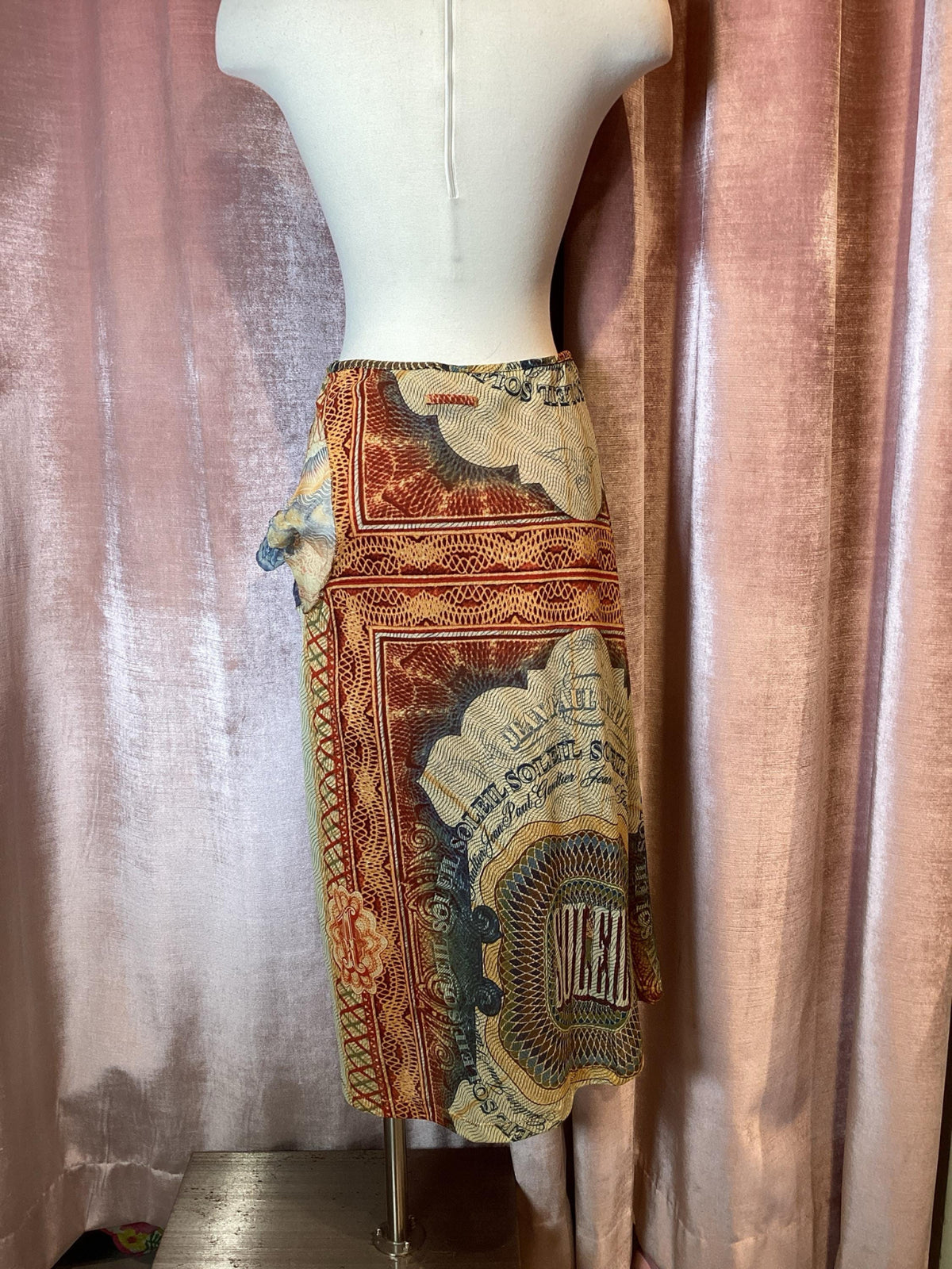 Y2K Jean Paul Gaultier Soliel Currency Photo Print Midi Skirt Medium