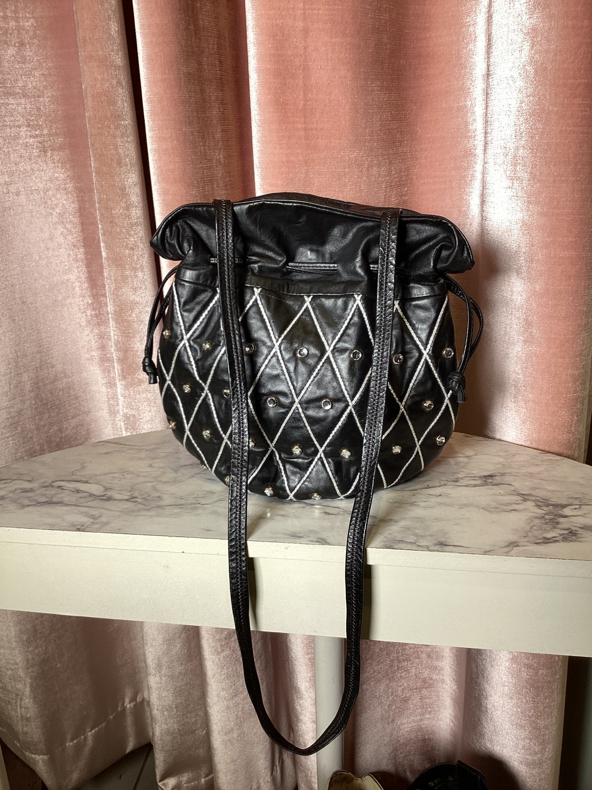 Vintage 1980s Leather Drawstring rhinestone Cross body Bag