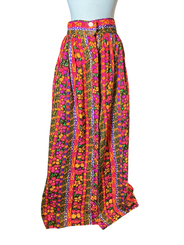 Vintage 70s Floral Psychedelic Flower Power Print High Waisted Full Length Skirt