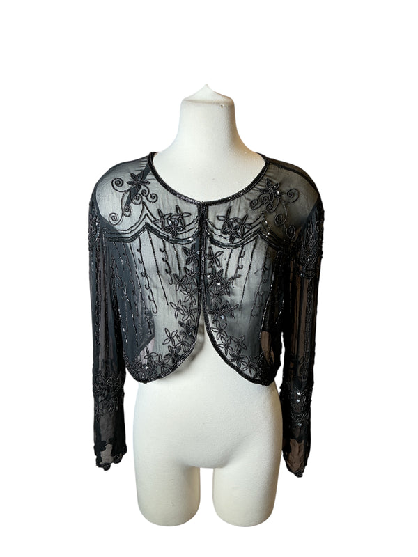 Vintage 80s Black Beaded Bolero Sheer Sequin Embellished Flapper Style shrug