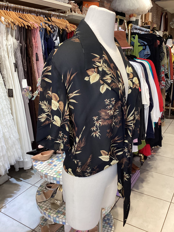 Vintage y2k 90s tropical palm print chiffon collared button crop top large