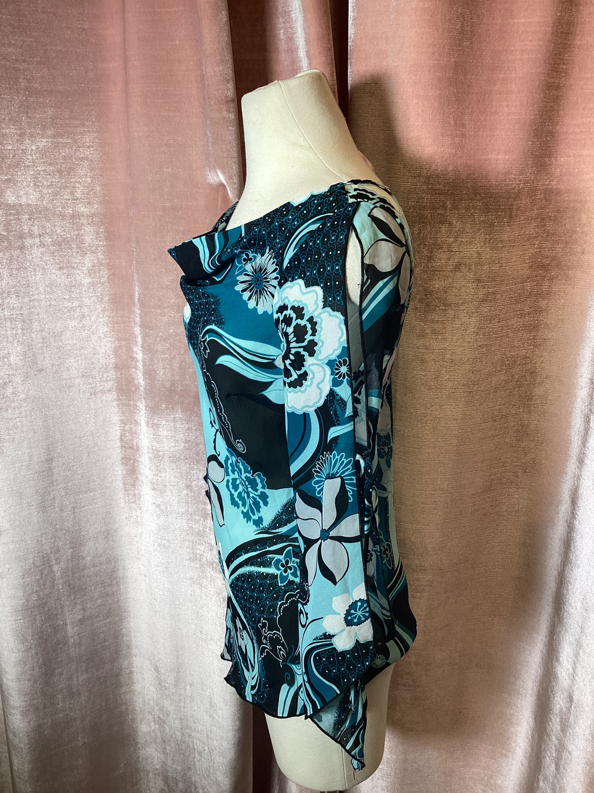 Vintage Y2K floral boho silk Asymmetrical open sleeve cowl neck top- S