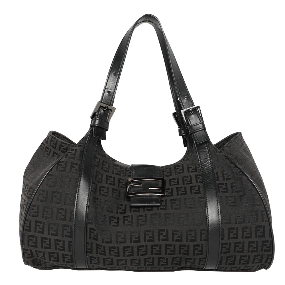 Y2K Fendi Zucca Zucchino Mogano Panna Piccola Oversized Hobo Shoulder Bag Borsa - Black