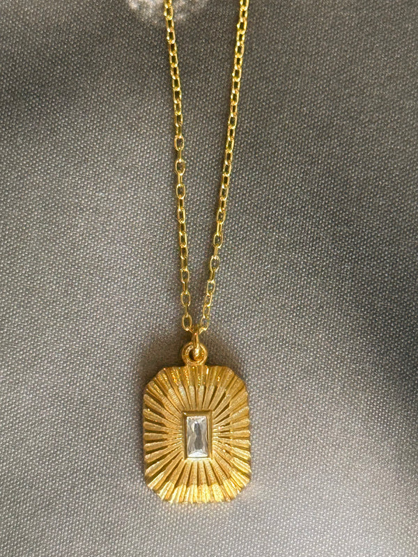 925 Sterling Sunburst Medallion Tan CZ Pendant Chain Necklace