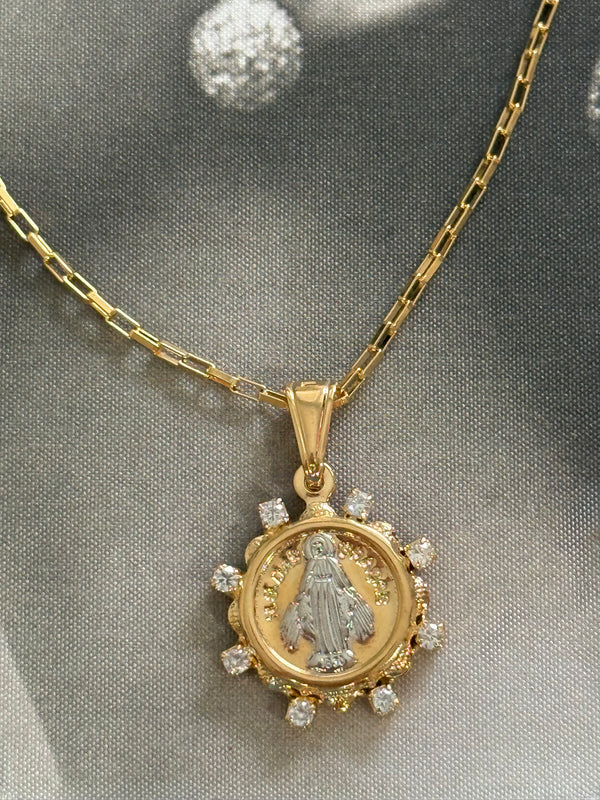 Gold Fill Virgin Mary CZ Halo Pendant Chain Necklace