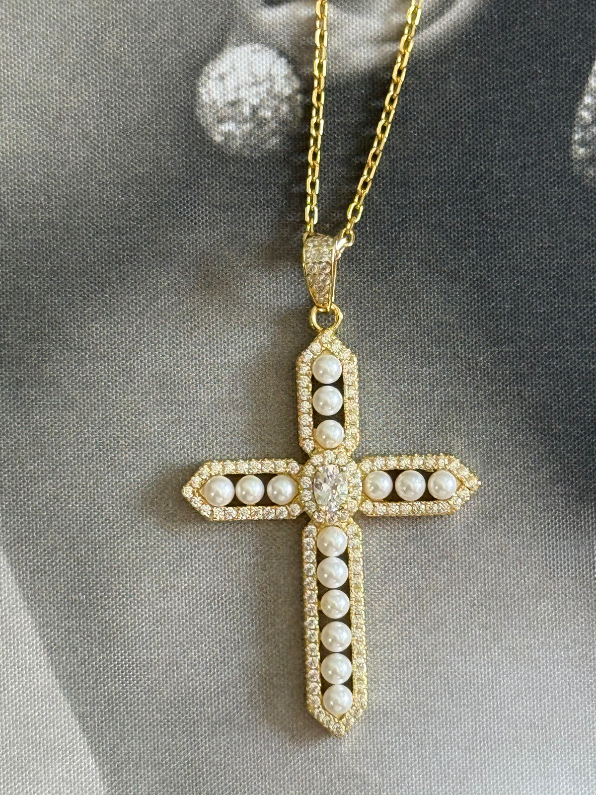 925 Sterling Pearl Pave CZ Cross Dainty Chain Necklace