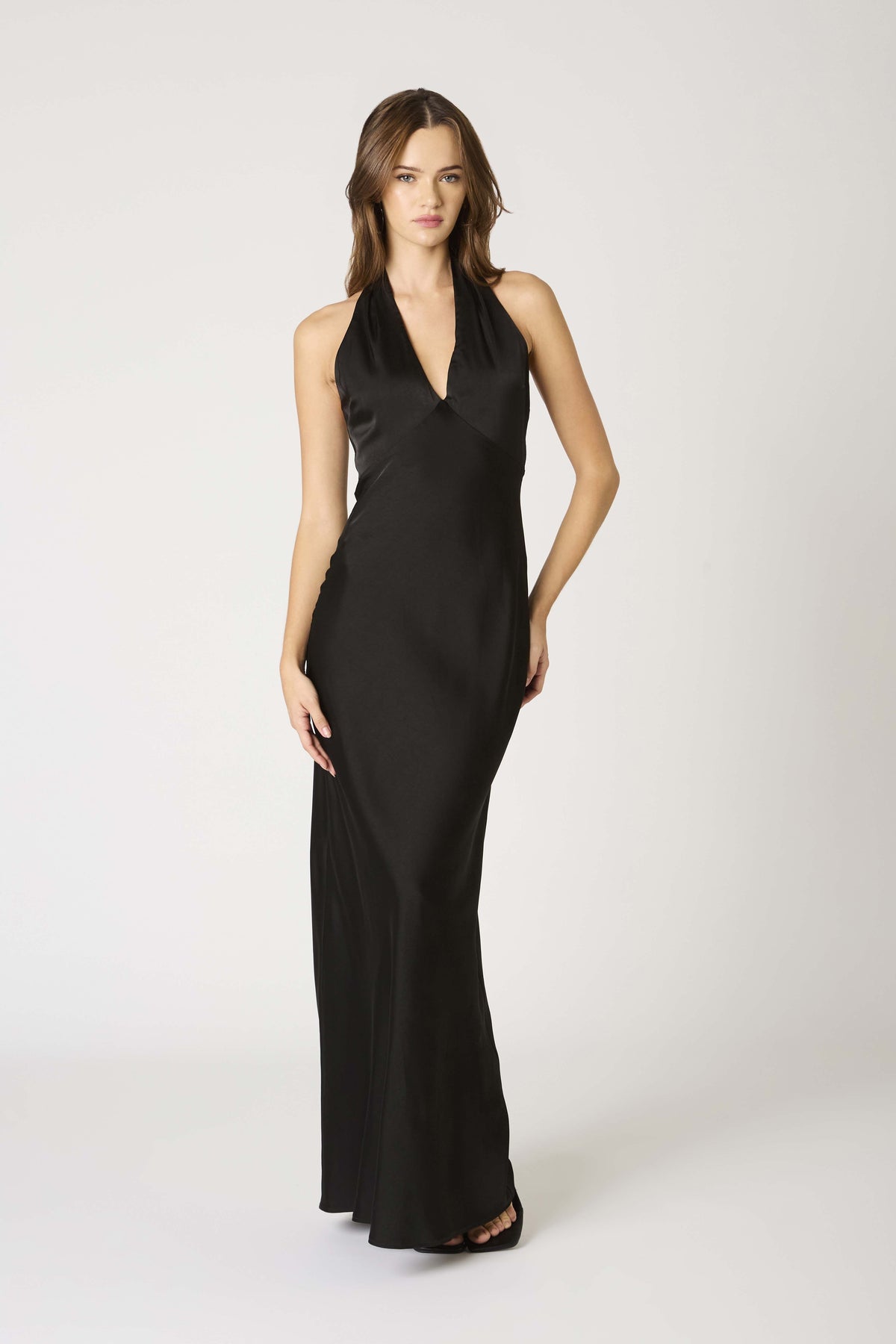 Elba Halter Plunge Neck Slip Maxi Dress Formal Gown - Black