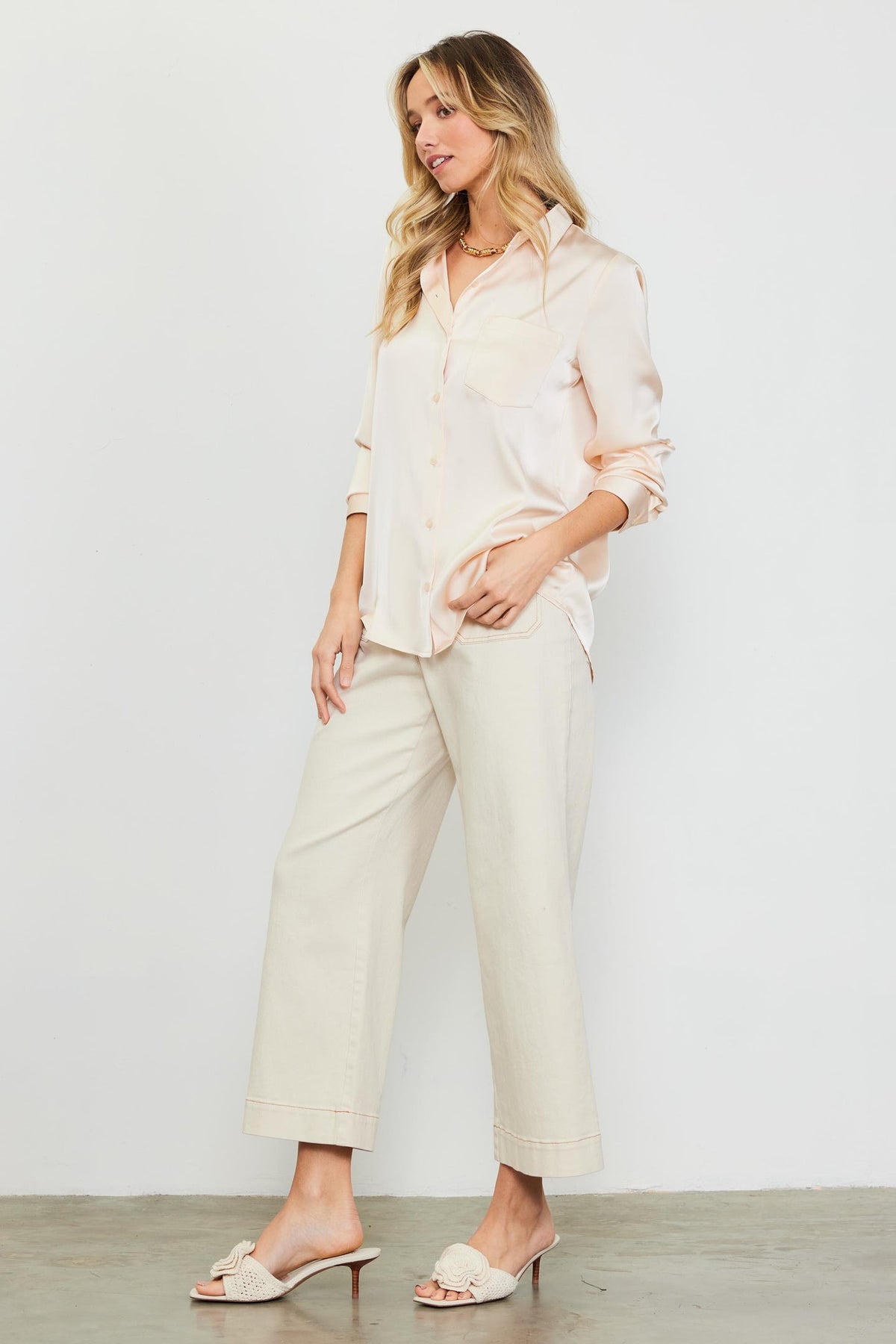 Vivian Satin Button Down Collared Blouse - Oatmilk