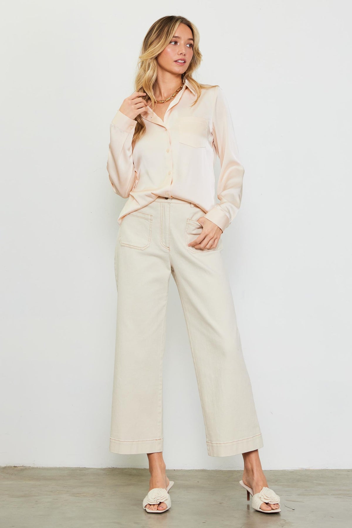 Vivian Satin Button Down Collared Blouse - Oatmilk