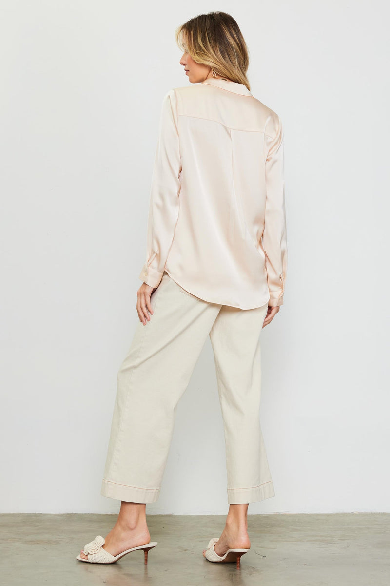 Vivian Satin Button Down Collared Blouse - Oatmilk