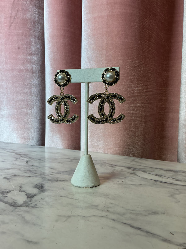 Chanel style CC logo Woven Chain CZ Earrings