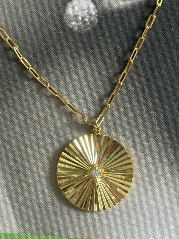 925 Ridged Bezel Gold Plated Solo CZ Disc Coin Pendant