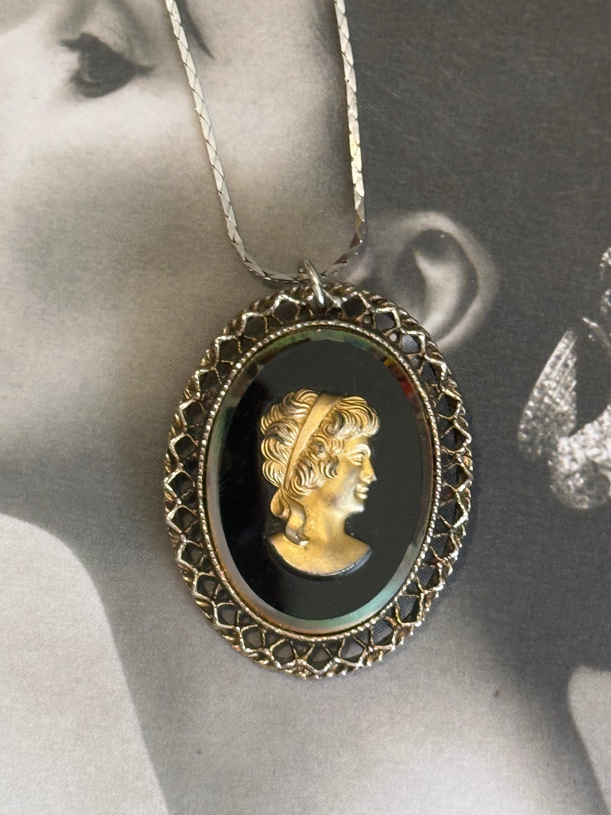 Upcycled Glass Female Cameo on Vintage Japan Silver Chain
