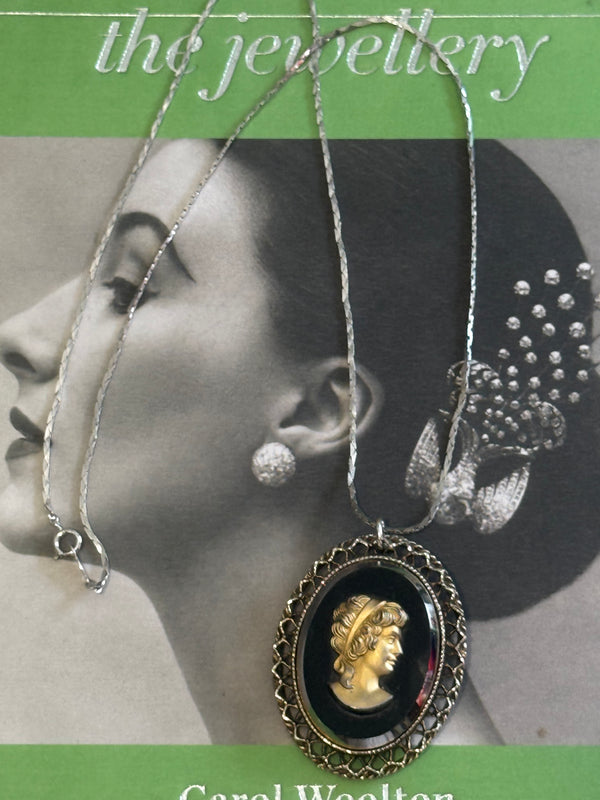 Upcycled Glass Female Cameo on Vintage Japan Silver Chain