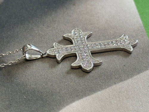 925 Sterling Gothic Pave CZ Cross Chain Necklace - Silver