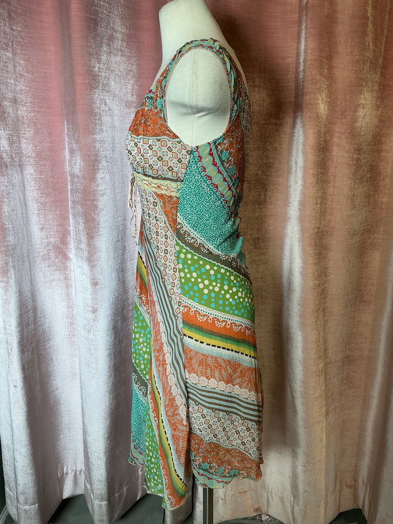 Vintage Y2K Empire Waist Patchwork Printed Off the Shoulder Milkmaid Boho Midi Dress