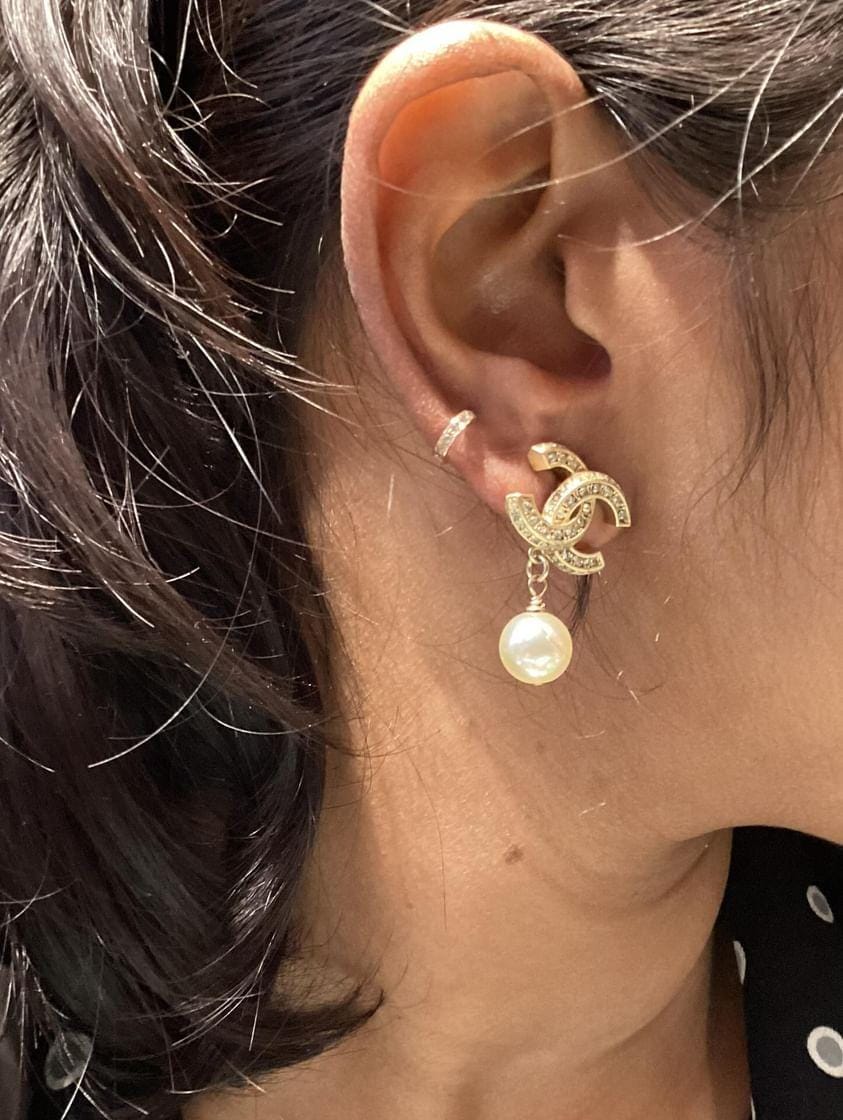 Chanel Pearl Rhinestone Pave Drop Earrings