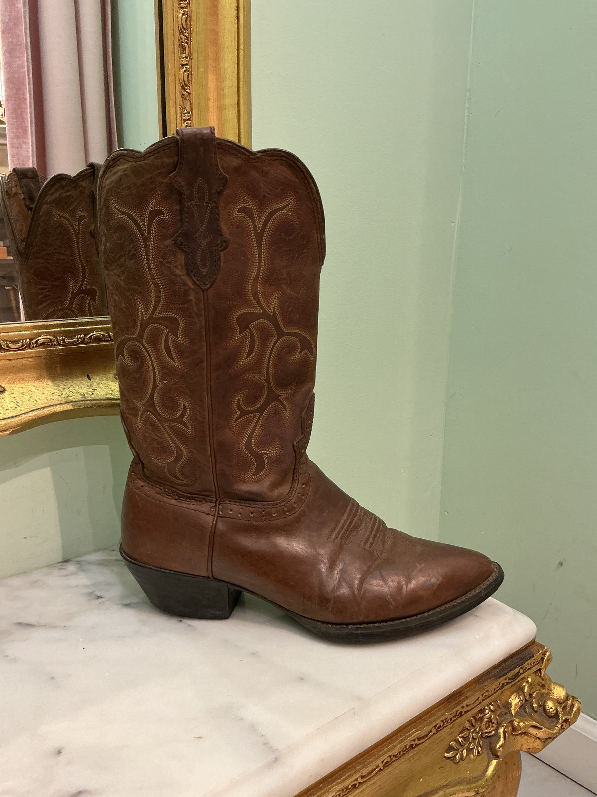 Vtg 1990s Justin Flame Stitch Leather Western Boots Men's 8 Women's 9.5