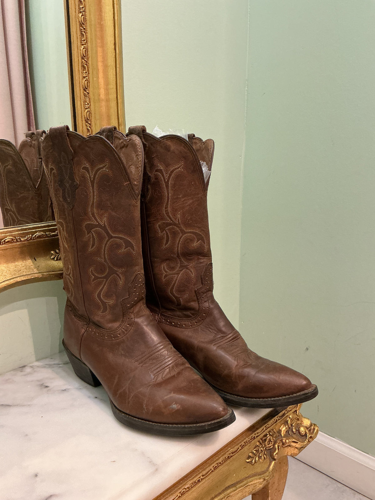 Vtg 1990s Justin Flame Stitch Leather Western Boots Men's 8 Women's 9.5