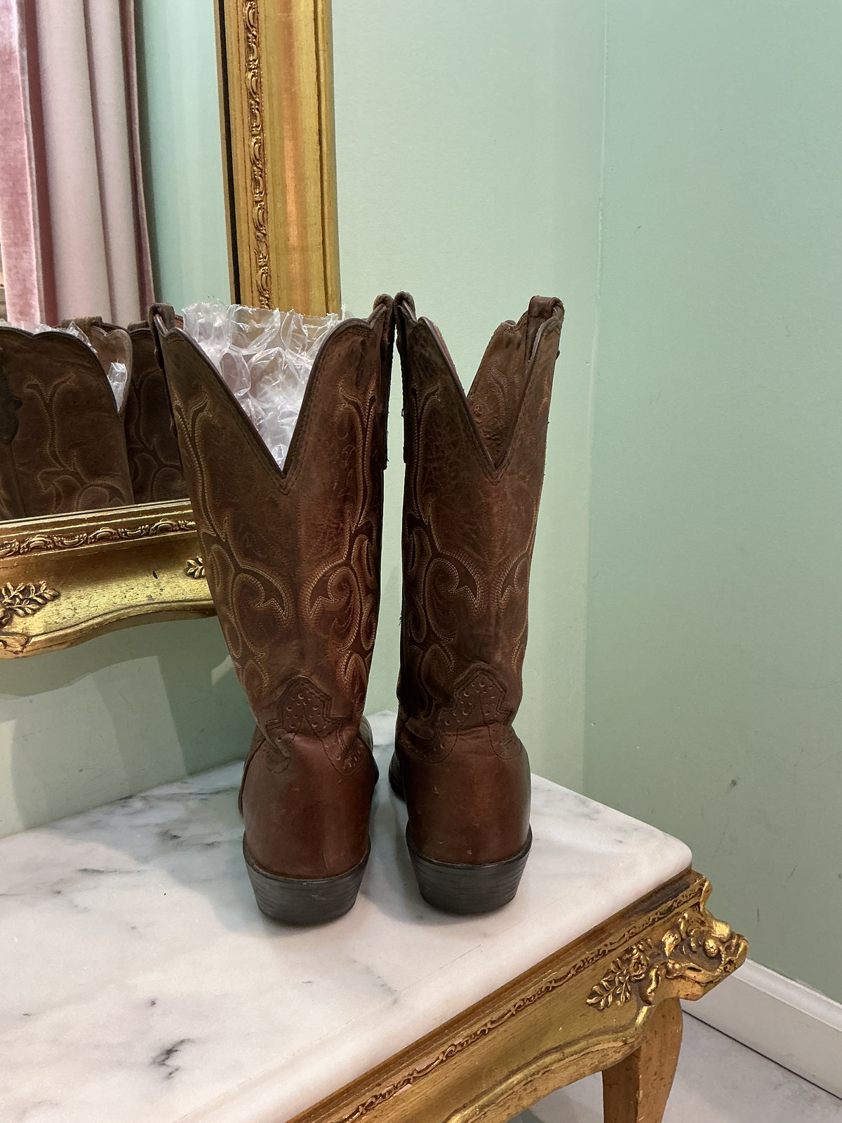 Vtg 1990s Justin Flame Stitch Leather Western Boots Men's 8 Women's 9.5