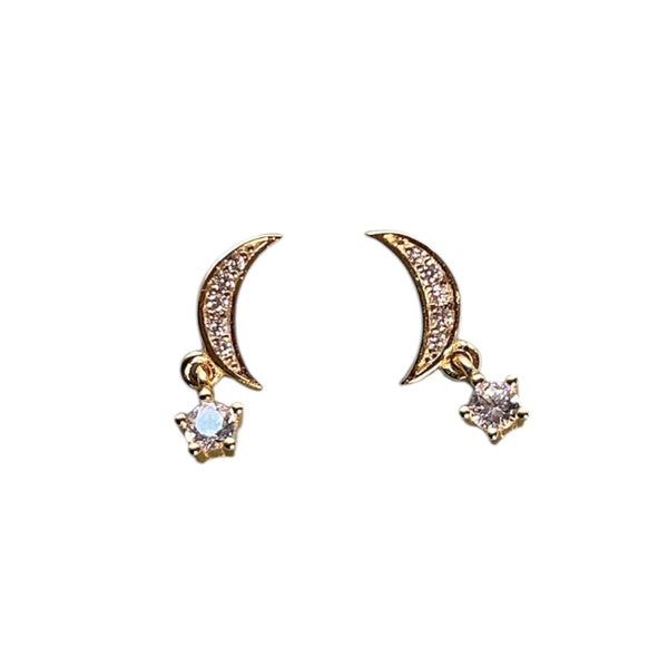 925 Sterling Silver Moon Dangling Star CZ Post Stud Silver Earrings