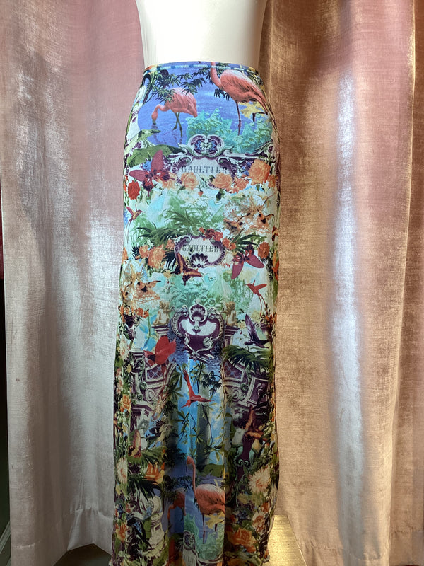 Y2K 1999 Jean Paul Gaultier Soliel Floral Flamingo Photo Print Midi Skirt Small/Medium