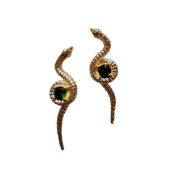 Brass Gold Plated Serpent Snake Emerald CZ Post Stud Earrings