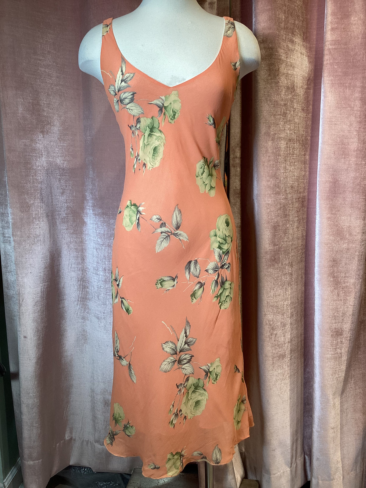 Y2K Peach Yellow Rayon floral v neck chiffon bias cut slip dress