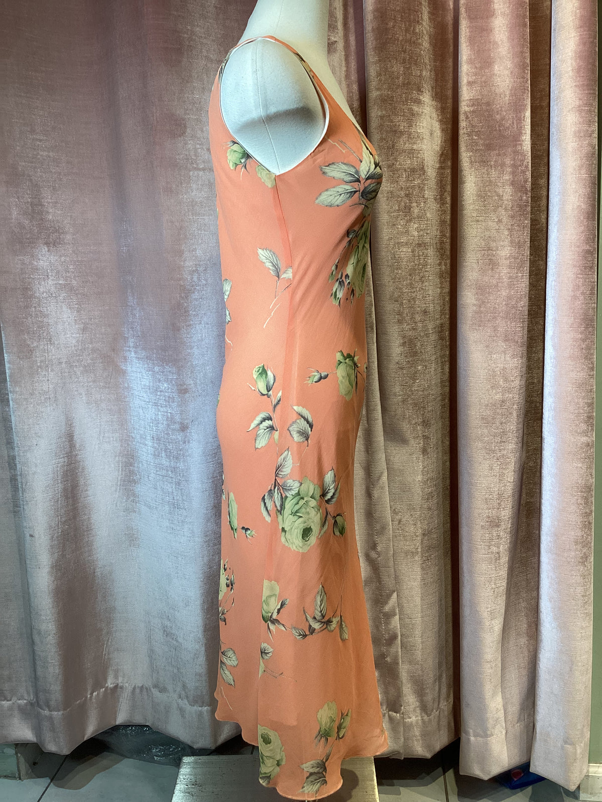 Y2K Peach Yellow Rayon floral v neck chiffon bias cut slip dress