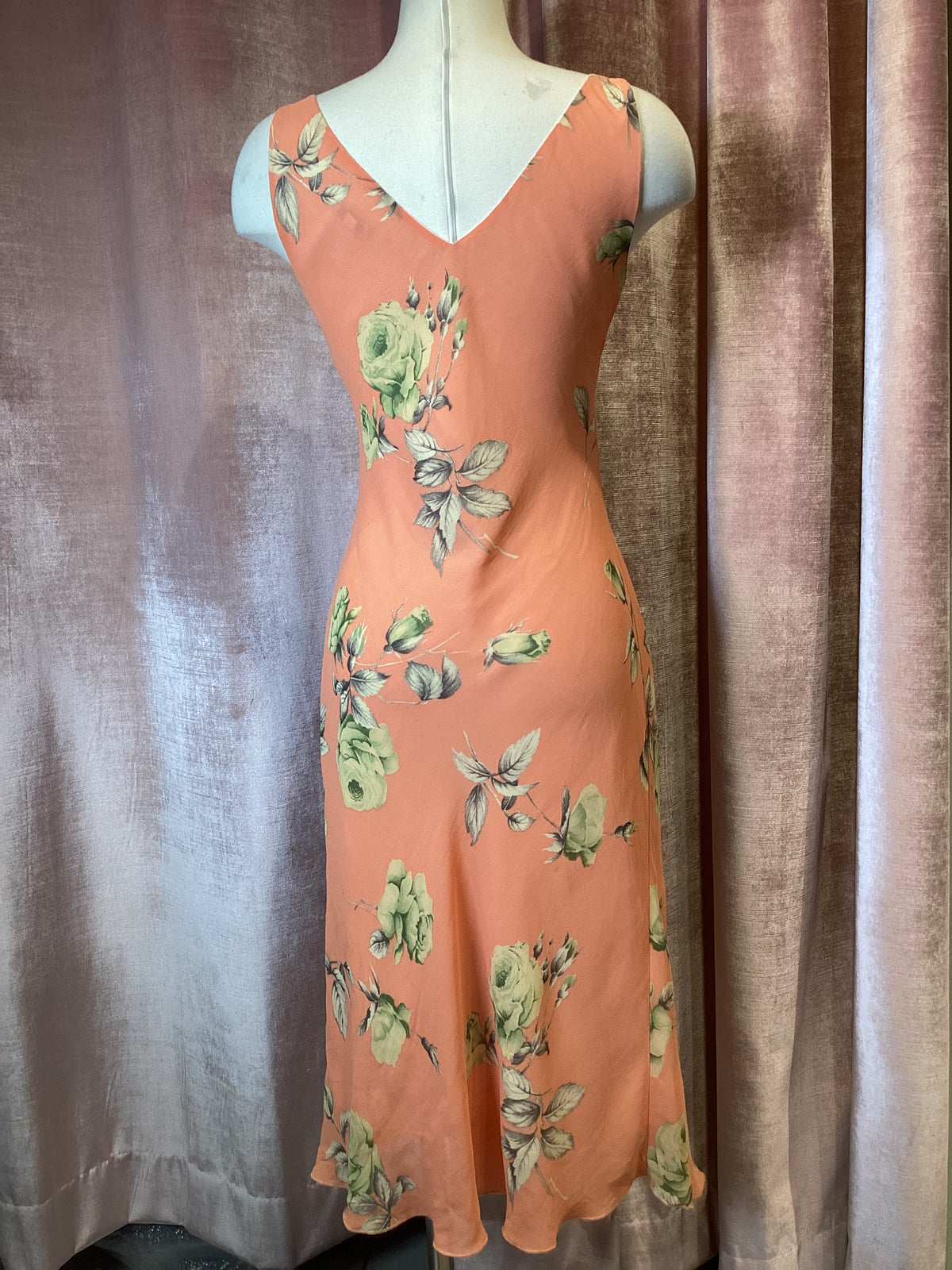 Y2K Peach Yellow Rayon floral v neck chiffon bias cut slip dress