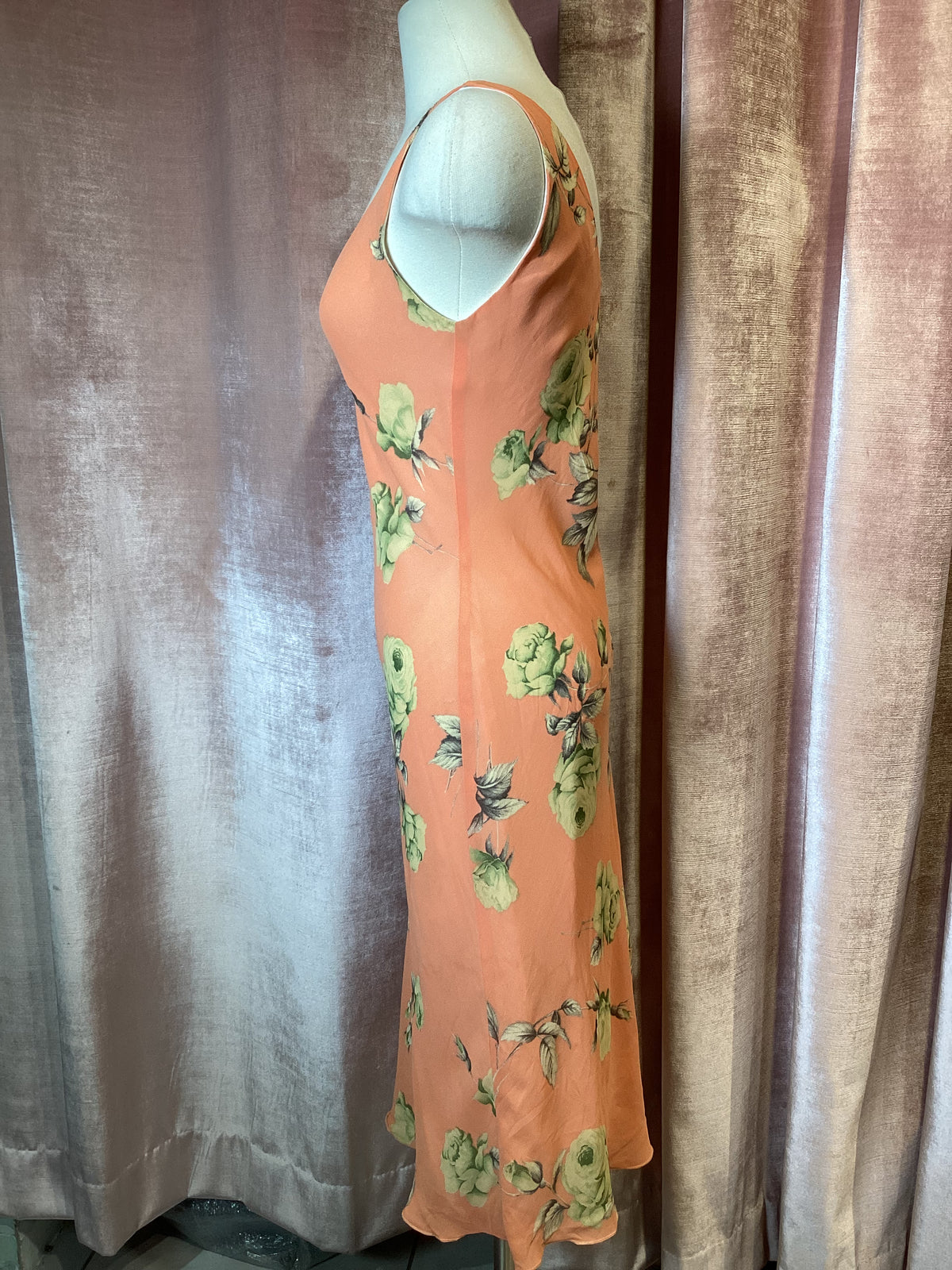 Y2K Peach Yellow Rayon floral v neck chiffon bias cut slip dress