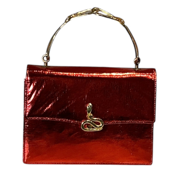 Vintage 60s Roberta Dicamerino red metallic foil vinyl leather lamé snake gold hardware top handle mini bag