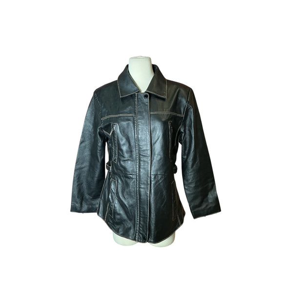 Vintage Y2K 90s Cruze Genuine Leather Zip Up Cinch Waist Collared Fitted Jacket S/M
