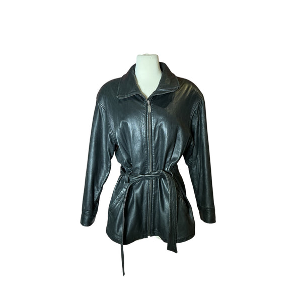 Vintage Y2K Kenneth Cole Reaction Funnel Neck Zip Up Belted Genuine Leather Jacket