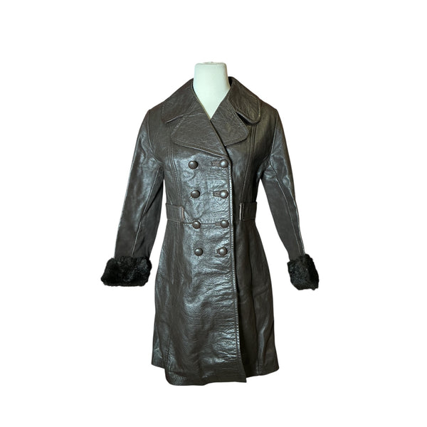 Vintage 1970s Genuine Chocolate Brown Leather Fur Trim Double Breasted Trenchcoat Jacket M/L