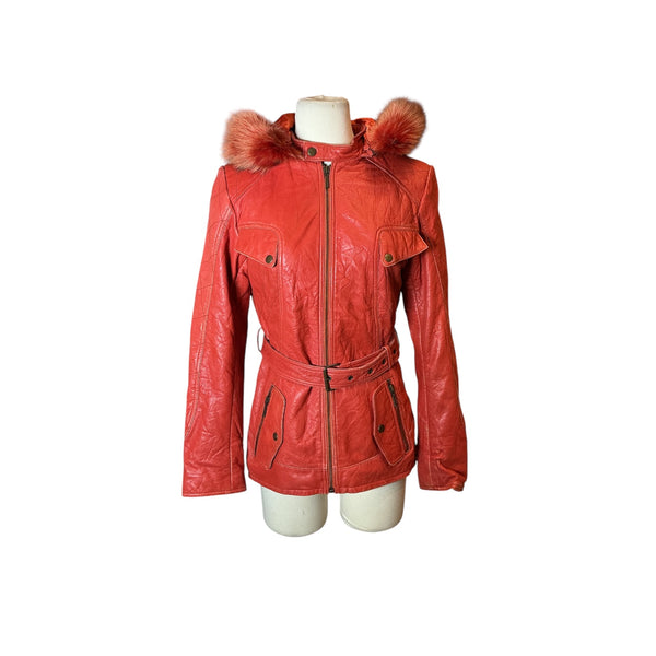 Vintage 90s Y2K Orange Leather Fur Trim Hoodie Belted Zip Up Jacket Coat size Small