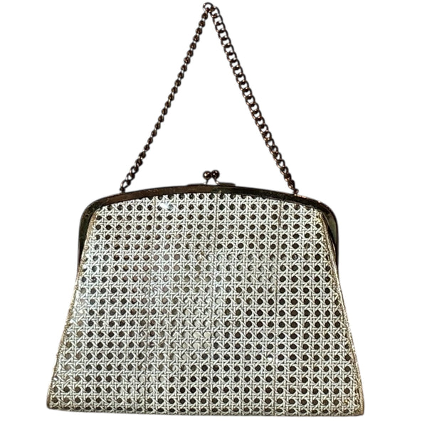 Vintage 1950s Maxim Raffia Straw Metal Frame Gold Chain Handbag