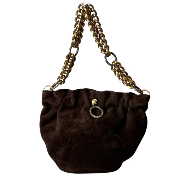 Vintage 1960s Morris Moskowitz Chocolate Brown Suede-like Felt Fabric Chunky Chain Shoulder Handbag