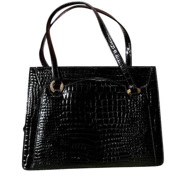 Vintage 1960s Alligator Embossed Patent Leather Mini Shoulder Top Handle Bag