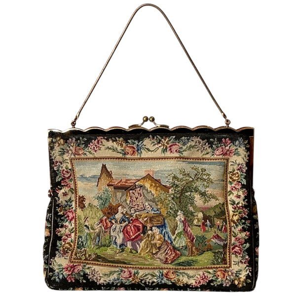 Vintage 1930s Tapestry Needlepoint Silk Scalloped Metal Frame Chain Handbag