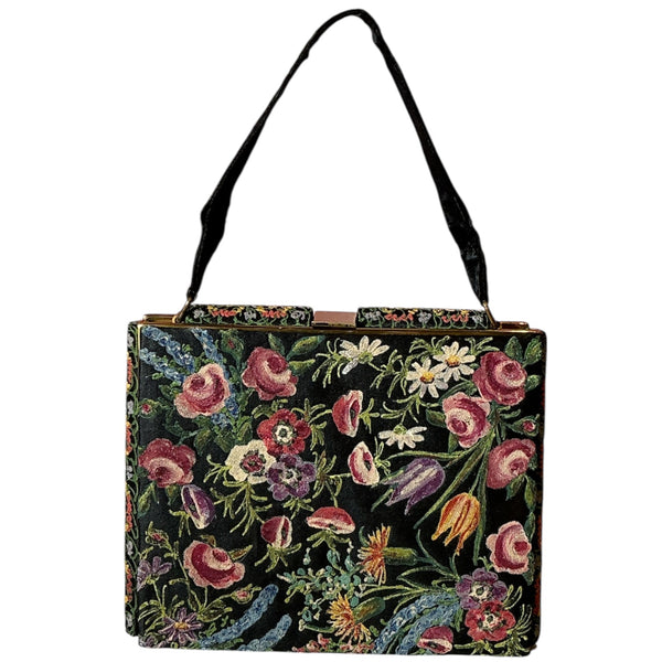 Vintage 1950s Waldybag  Needlepoint Floral Mini Frame Handlebag