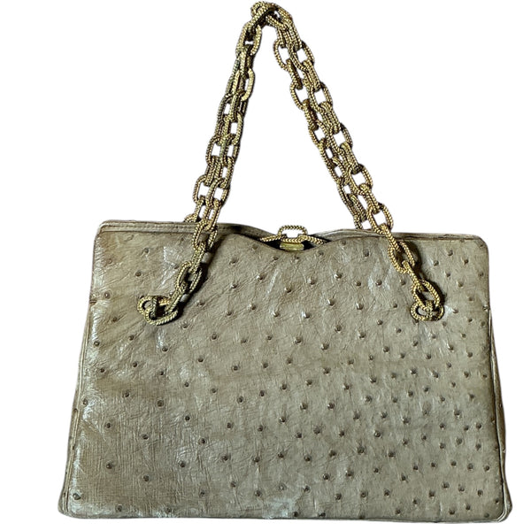 Vintage 1960s Morabito Ostrich Leather Chunky Gold Chain Kiss lock Shoulder Mini Handbag