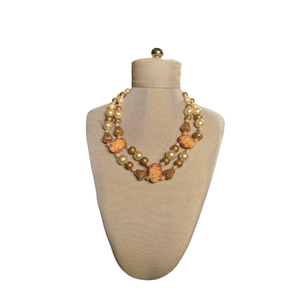 Vintage 1960s Pearl Gold Beaded Rose Cameo 2 Strand Collar Necklace