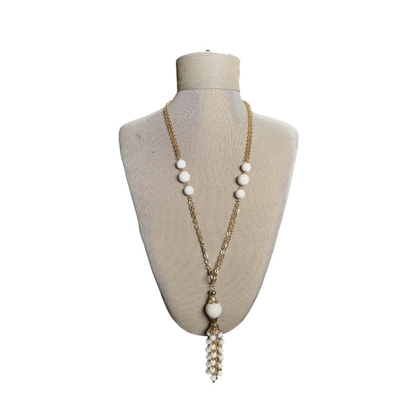 Vintage 1960s Milk White Beaded Long Tassel Chain Necklace