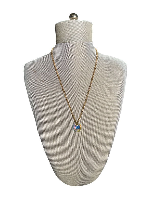 Vintage 1980s Aurora Borealis Crystal Glass Heart Pendant Chain Choker Necklace
