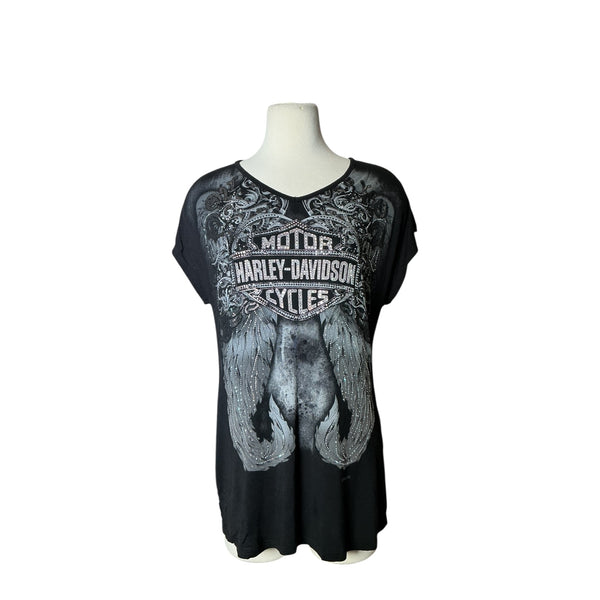 Vintage Y2K Harley Davidson Rhinestone Knit Open Back Angel Wings Graphic Tee