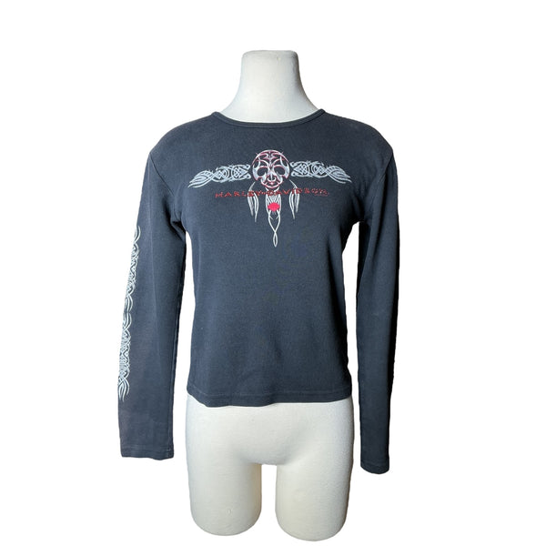 Vintage Y2K Harley Davidson Rhinestone Skull Cybercigilism Long Sleeve Graphic Tee