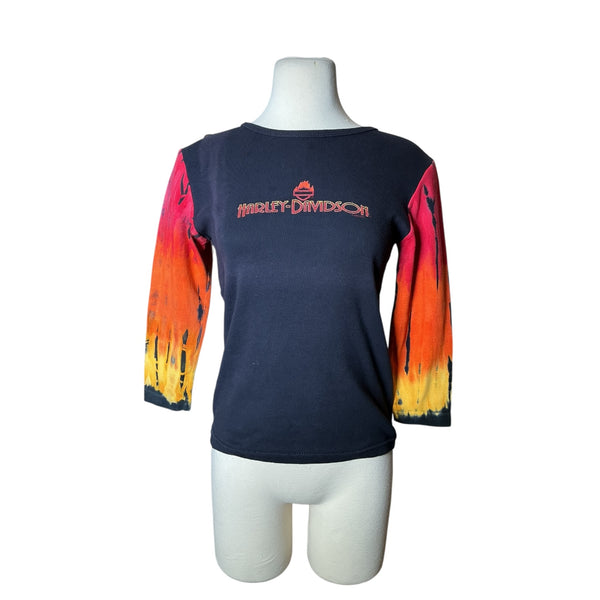 Vintage Y2K Harley Davidson Tie Dye Flame Long Sleeve Graphic Tee