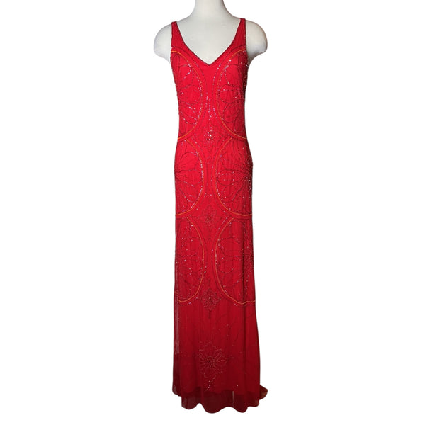 Vintage Y2K Red Beaded Sequin Mesh Tulle Maxi Gown